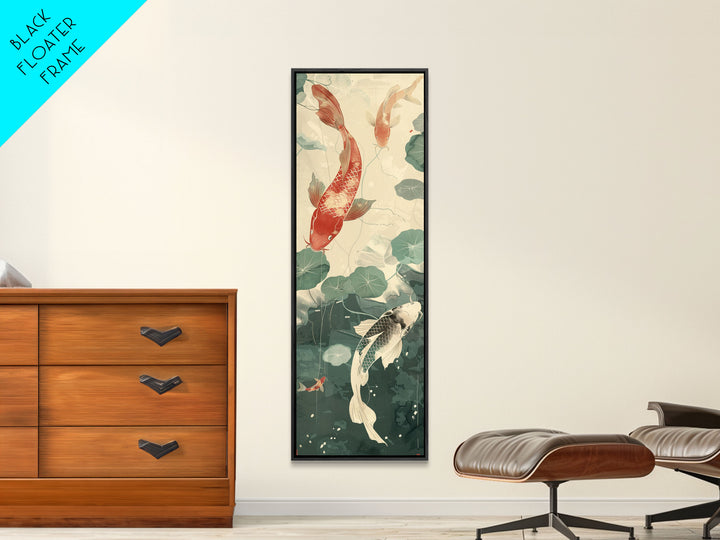 Koi Fish Swimming Among Lilypads In A Calm Pond – Framed Canvas Print Showcasing Skinny Art And Tall Art With Ukiyo-E Art And Japanese Style Art