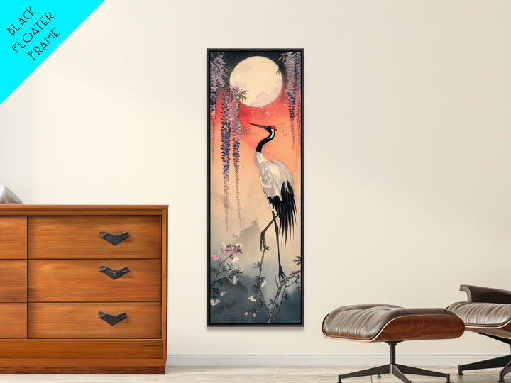 Japanese Crane With Moon And Wisteria - Skinny Art Tall Art Framed Canvas Print Japanese Style Art Ukiyo-e Art