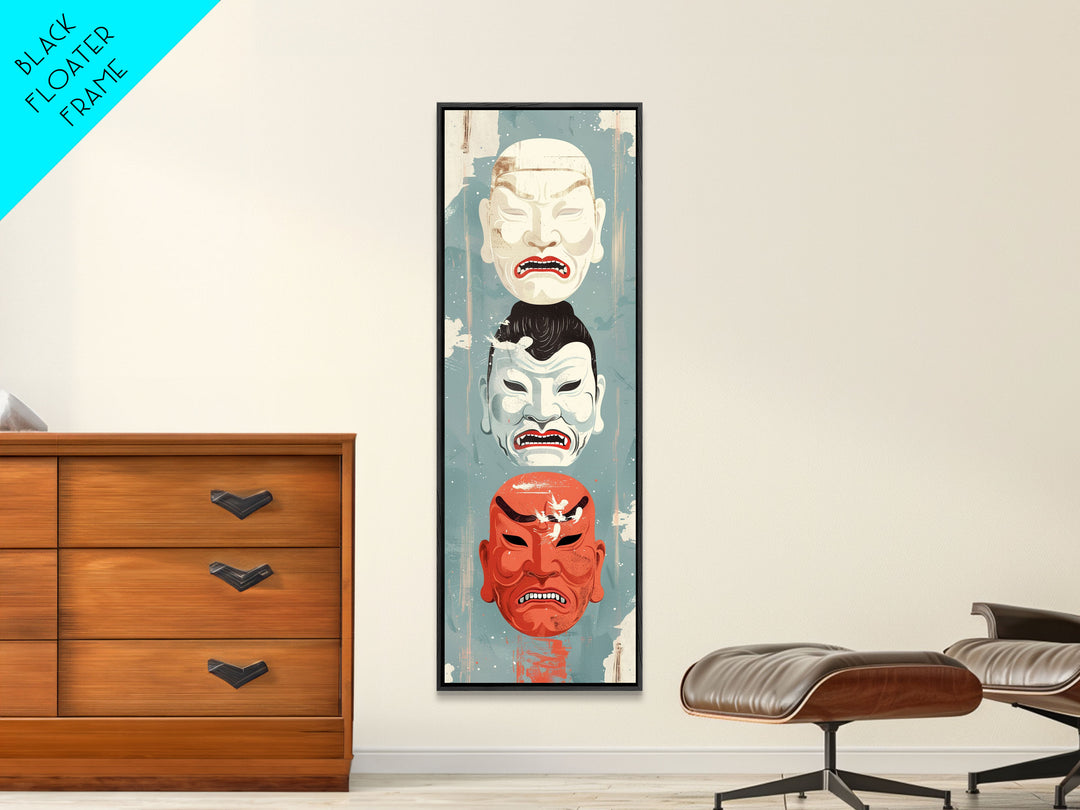 Japanese Masks In A Vertical Display - Skinny Art Tall Art Framed Canvas Print Japanese Style Art Ukiyo-e Art