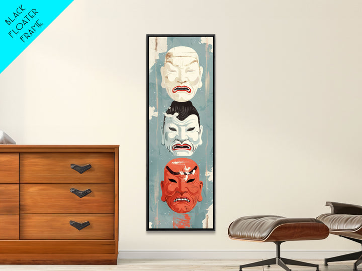 Japanese Masks In A Vertical Display - Skinny Art Tall Art Framed Canvas Print Japanese Style Art Ukiyo-e Art