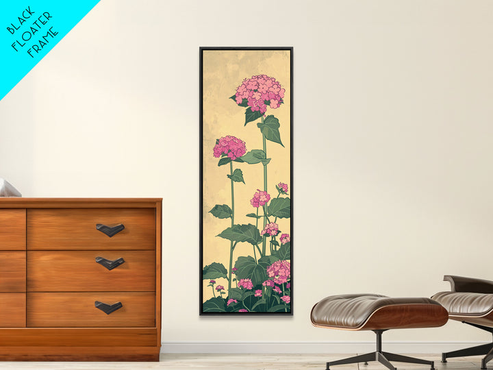 Pink Hydrangea Flowers In Bloom - Skinny Art Tall Art Framed Canvas Print Japanese Style Art Ukiyo-e Art