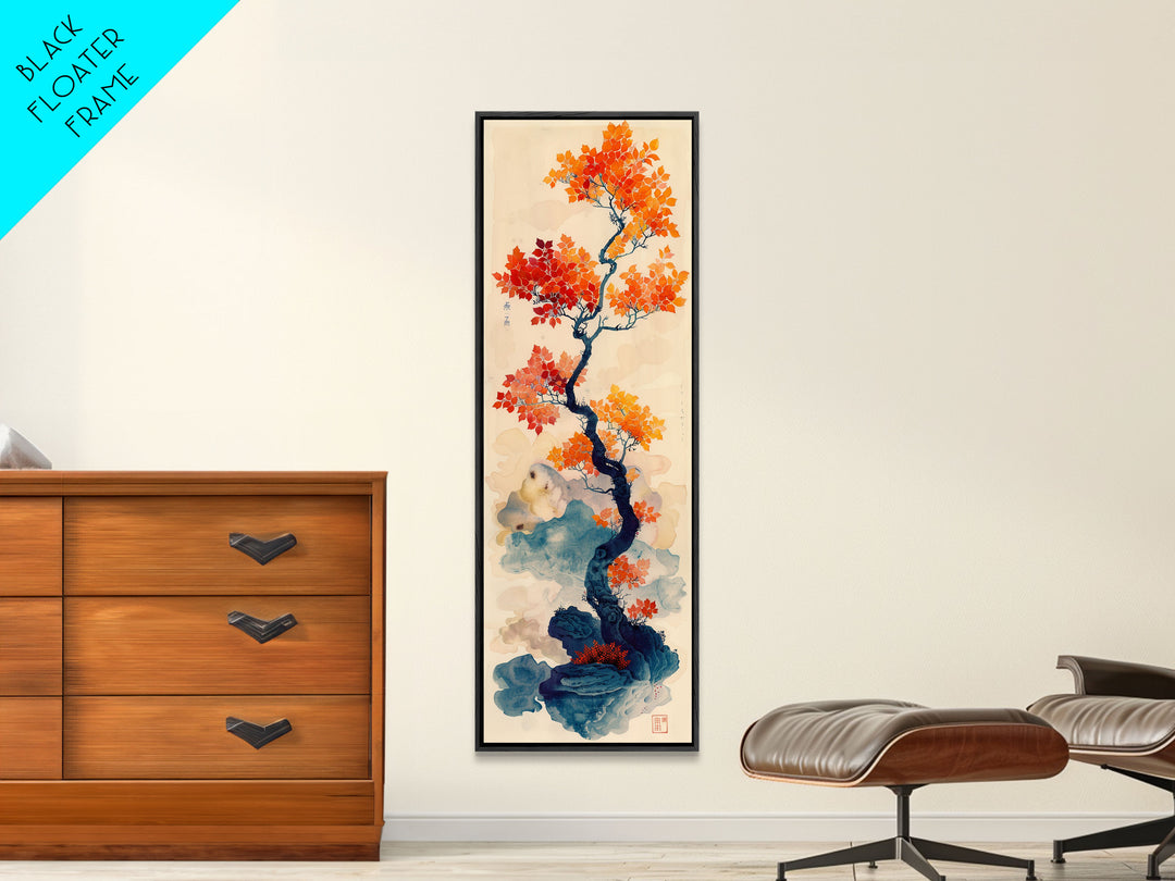 Japanese Maple Tree In Autumn Colors, Ukiyo-e Woodblock Print Style Canvas, Framed Canvas Print, Tall Skinny Japanese Wall Art, Ready To Hang