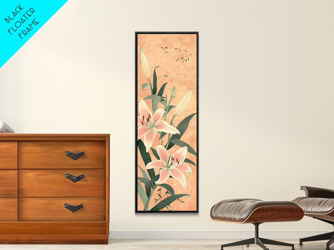 Delicate Lily Flowers Blooming In Japanese Style Ukiyo-e Art Framed Canvas Print Skinny Art Tall Art