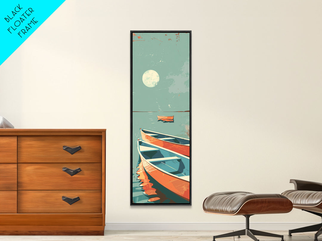 Moonlit Boats Drifting On Calm Waters In Japanese Style Ukiyo-e Art Framed Canvas Print Skinny Art Tall Art