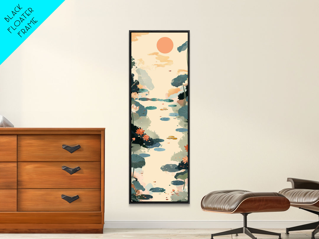 Tranquil Pond With Lotus Flowers And Leaves In Japanese Style Ukiyo-e Art Framed Canvas Print Skinny Art Tall Art