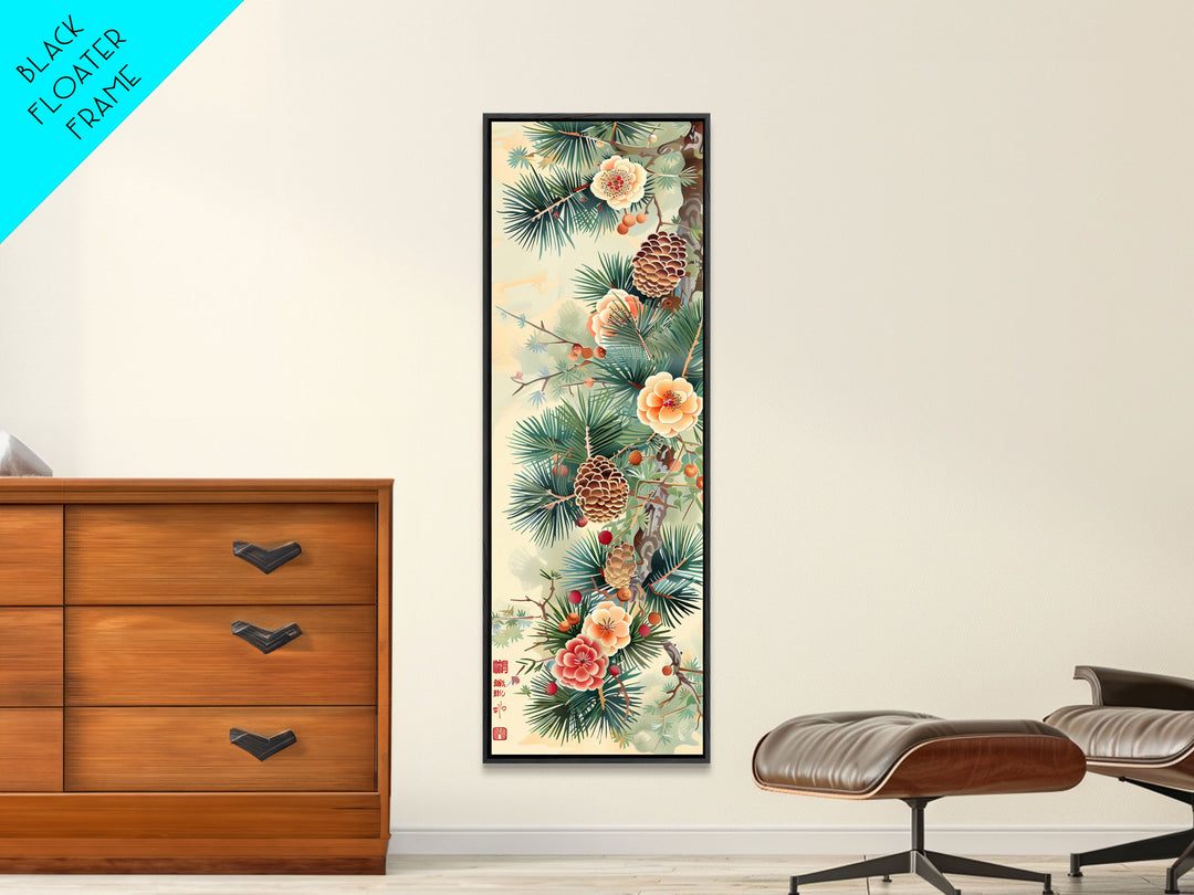 Pine Tree Branches With Blossoms And Pine Cones In Japanese Style Ukiyo-e Art Framed Canvas Print Skinny Art Tall Art