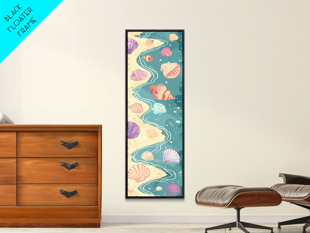 Shells On Shoreline Canvas In Ukiyo-e Style, Japanese Woodblock Print, Framed Canvas Print, Tall Skinny Japanese Wall Art, Ready To Hang