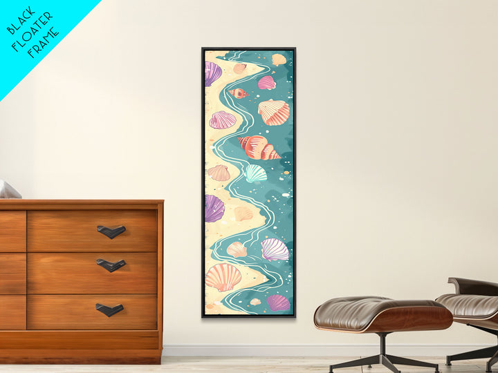 Shells On Shoreline Canvas In Ukiyo-e Style, Japanese Woodblock Print, Framed Canvas Print, Tall Skinny Japanese Wall Art, Ready To Hang