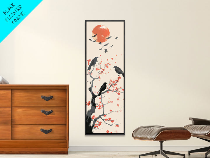 Crows On Bare Tree Branches Against Red Sun Skinny Art Wood Block Print Japanese Style Art Framed Canvas Print Tall Art Ukiyo-e Art