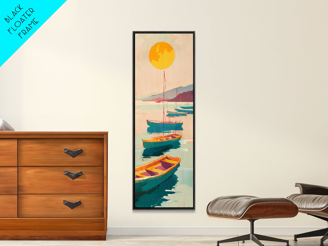 Rowboats And Golden Sun On Calm Water Skinny Art Wood Block Print Japanese Style Art Framed Canvas Print Tall Art Ukiyo-e Art