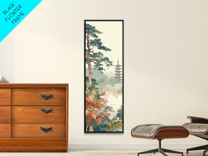 Pagoda And Pine Tree In Misty Landscape Skinny Art Wood Block Print Japanese Style Art Framed Canvas Print Tall Art Ukiyo-e Art
