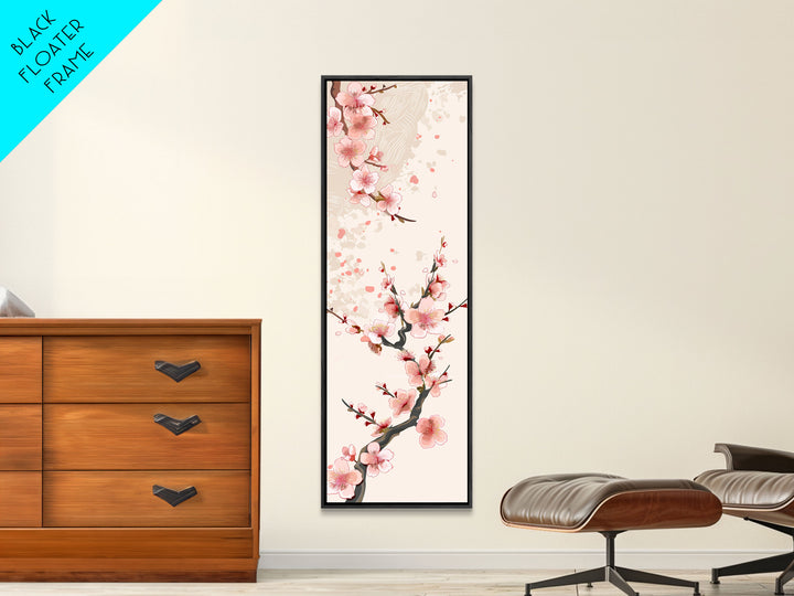 Cherry Blossom Branches On Canvas In Japanese Ukiyo-e Style, Traditional Woodblock Print, Framed Canvas Print, Tall Skinny Japanese Wall Art, Ready To Hang