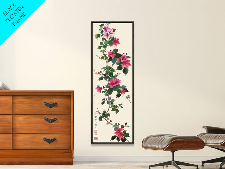 Pink Hibiscus Flowers On Branch Skinny Art Wood Block Print Japanese Style Art Framed Canvas Print Tall Art Ukiyo-e Art