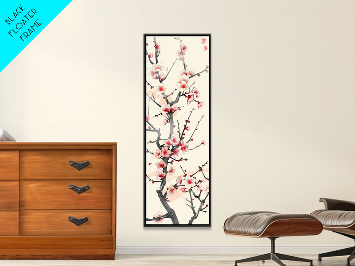 Delicate Plum Blossoms Skinny Art Tall Art Japanese Ukiyo-e Inspired Botanical Framed Canvas Print for Sophisticated Interiors