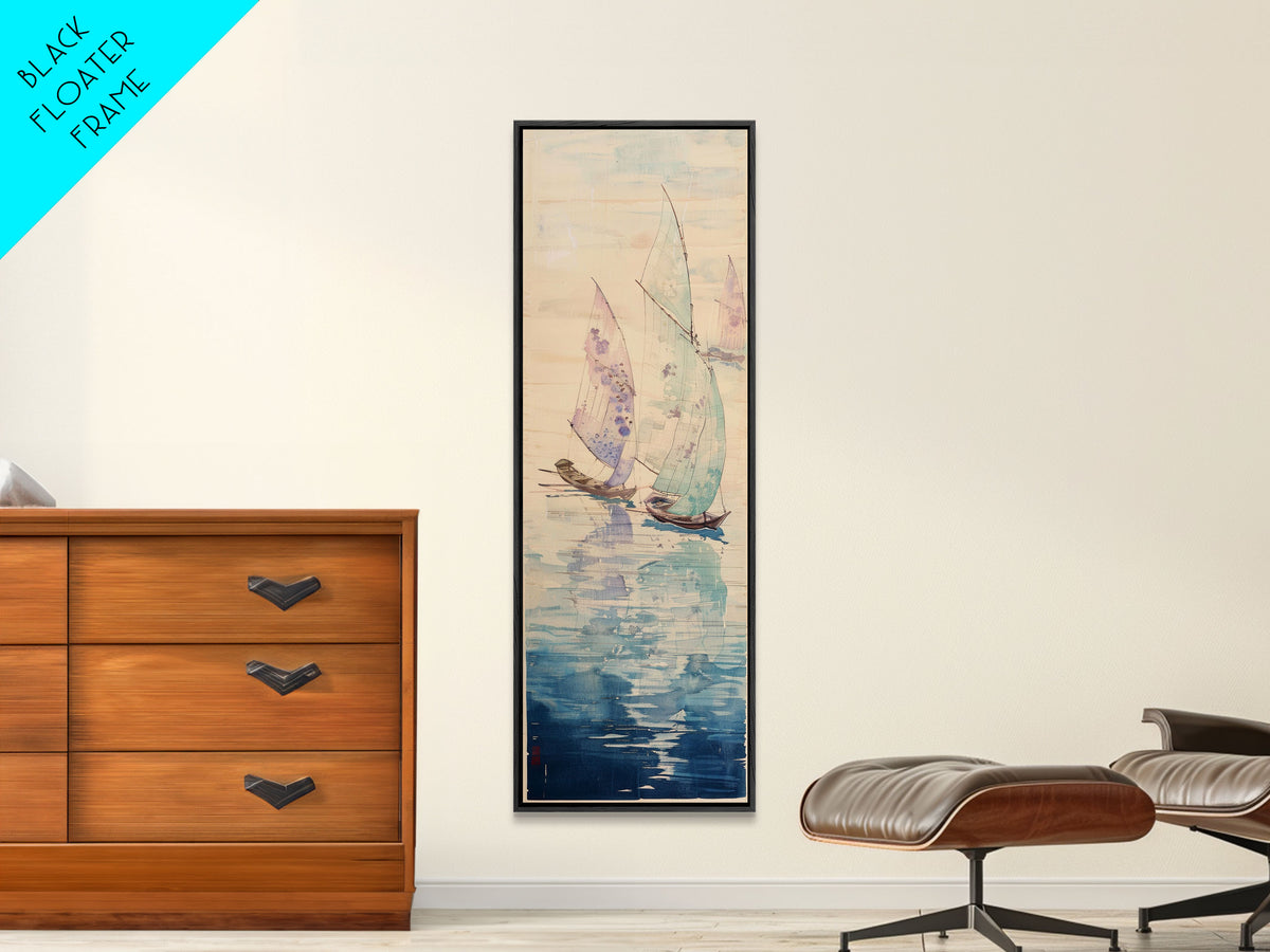 Sailboats On Calm Sea Canvas In Japanese Ukiyo-e Style, Traditional Woodblock Print, Framed Canvas Print, Tall Skinny Japanese Wall Art, Ready To Hang