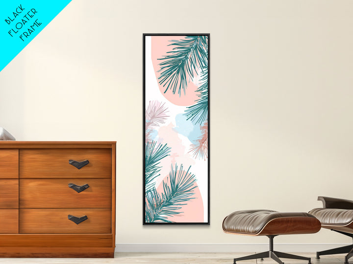 Elegant Pine Branches on Soft Pastel Background - Skinny Art, Japanese Wall Decor, Framed Canvas Print, Ukiyo-e Style