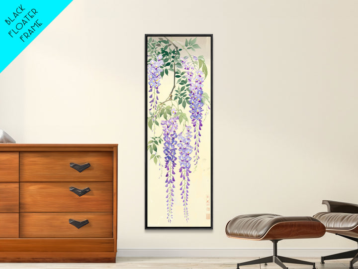 Cascading Wisteria Blossoms in Shades of Purple and Green - Skinny Art, Japanese Wall Decor, Framed Canvas Print, Ukiyo-e Style