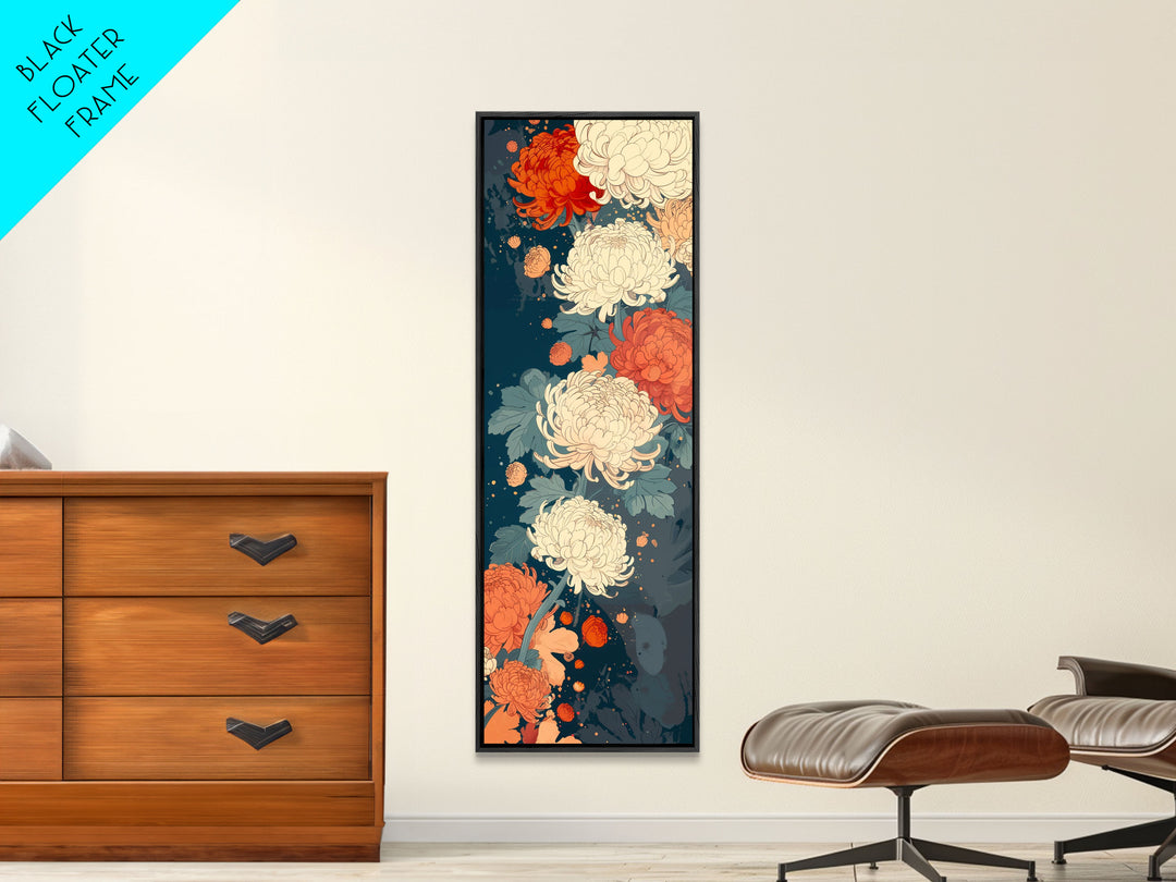 Blooming Chrysanthemums in Rich Autumn Colors - Skinny Art, Japanese Wall Decor, Framed Canvas Print, Ukiyo-e Style