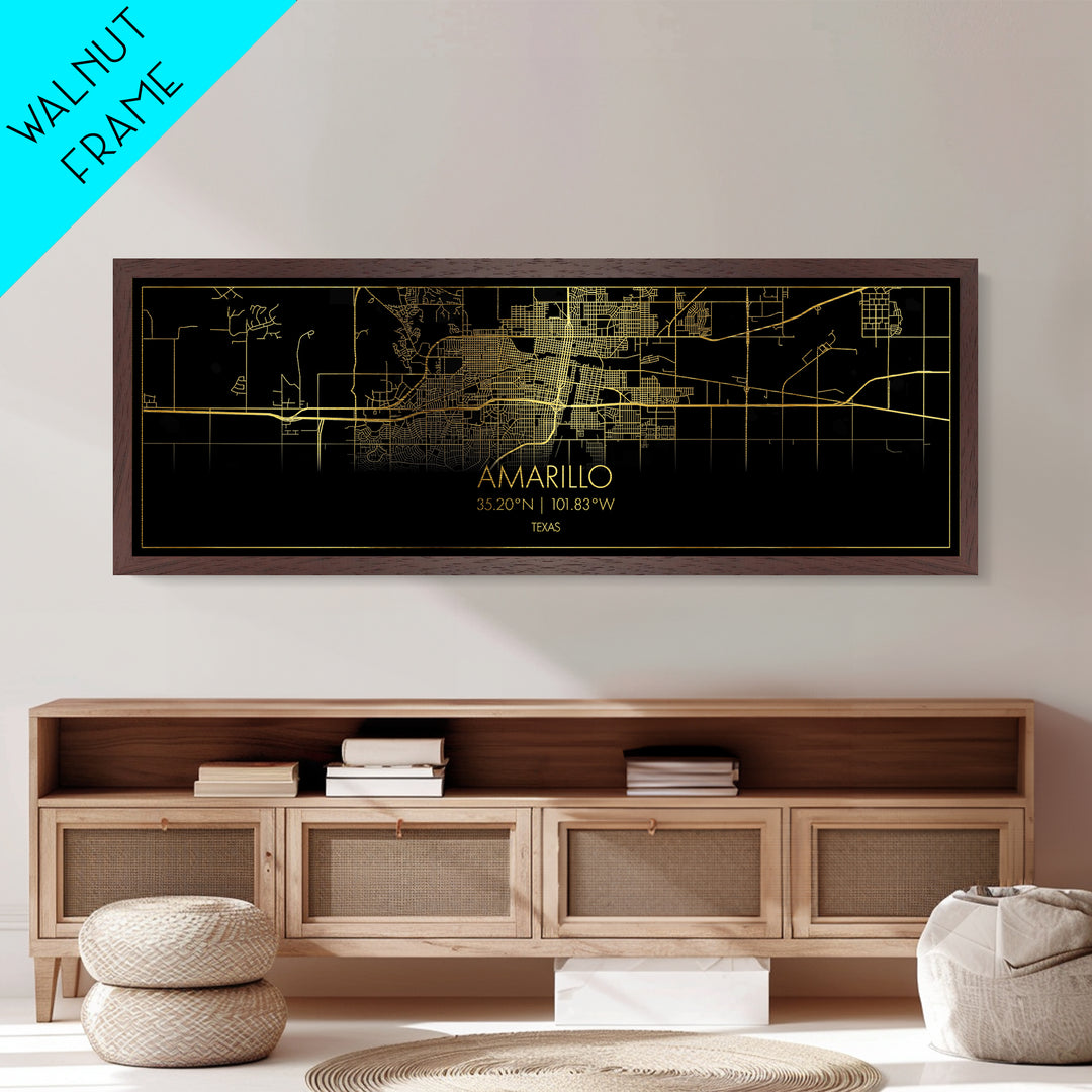 Amarillo Texas City street map, Panoramic art, black and gold, Metallic Gold Print, Metal Art, real wood frames, Modern Wall Art, Map Art