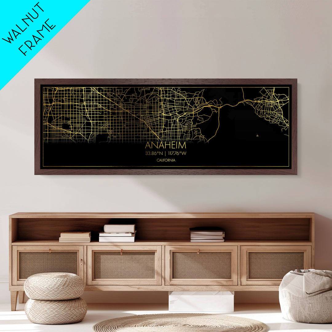 Anaheim California City Poster, Panoramic street map, black and gold, Metallic Gold Art, Metal Art, wood framed map, Minimalist Wall Art