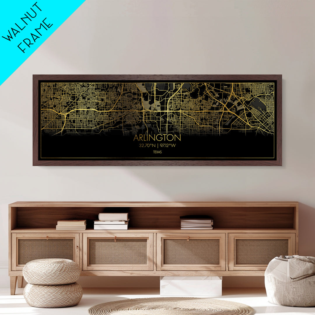 Arlington Texas City Poster, Panoramic street map, black and gold, Metallic Gold Art, Metal Art, wood framed map, Modern House Art