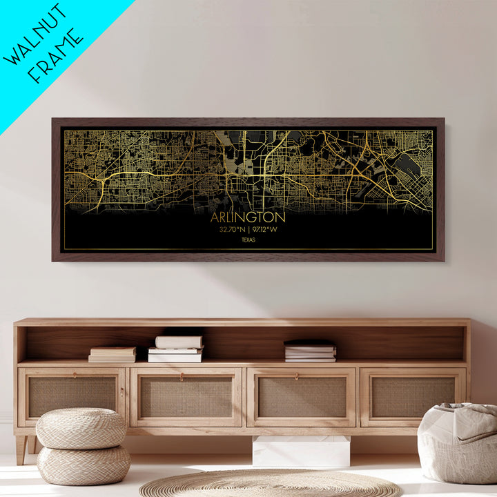 Arlington Texas City Poster, Panoramic street map, black and gold, Metallic Gold Art, Metal Art, wood framed map, Modern House Art