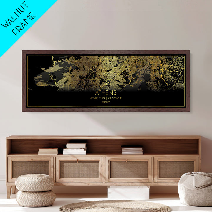 Athens Greece City street map, Panoramic art, black and gold, Metallic Gold Print, Metal Art, real wood frames, Housewarming Gift