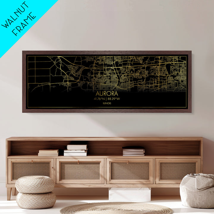 Aurora Illinois City street map, Panoramic art, black and gold, Metallic Gold Print, Metal Art, real wood frames, Map Print, Office Decor