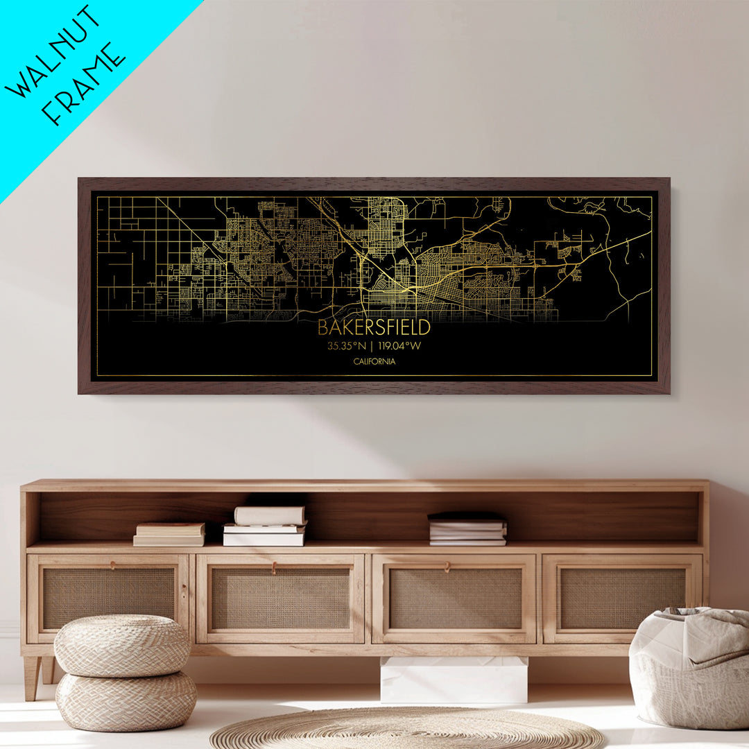 Bakersfield California City street map, Panoramic art, black and gold, Metallic Gold Print, Metal Art, real wood frames, Best Friend Gifts