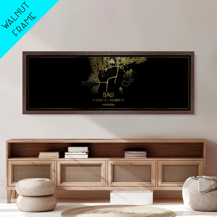 Bali Indonesia City Poster, Panoramic street map, black and gold, Metallic Gold Art, Metal Art, wood framed map, Gold Street Map Art