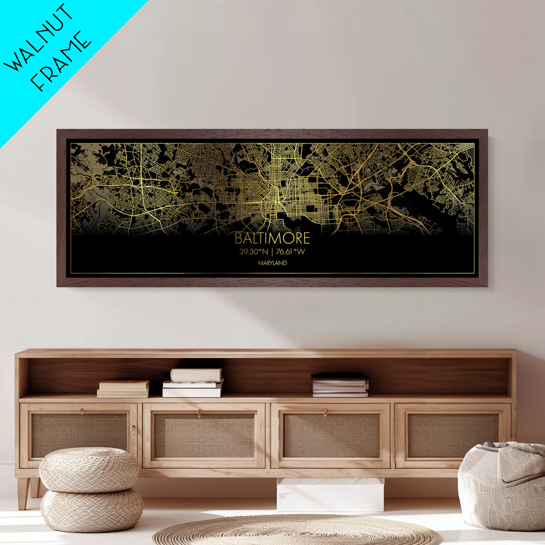 Baltimore Maryland City street map, Panoramic art, black and gold, Metallic Gold Print, Metal Art, real wood frames, Modern Wall Art