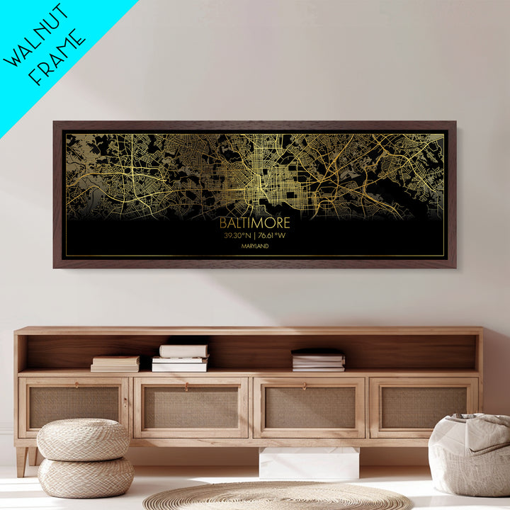 Baltimore Maryland City street map, Panoramic art, black and gold, Metallic Gold Print, Metal Art, real wood frames, Modern Wall Art