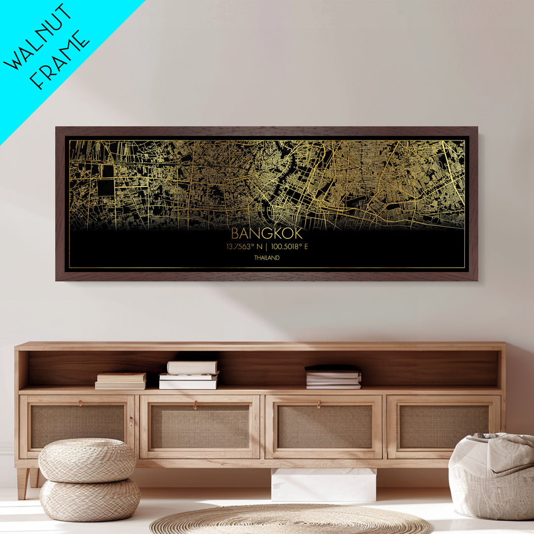 Bangkok Thailand City Poster, Panoramic street map, black and gold, Metallic Gold Art, Metal Art, wood framed map, Metallic Gold Foil  Art