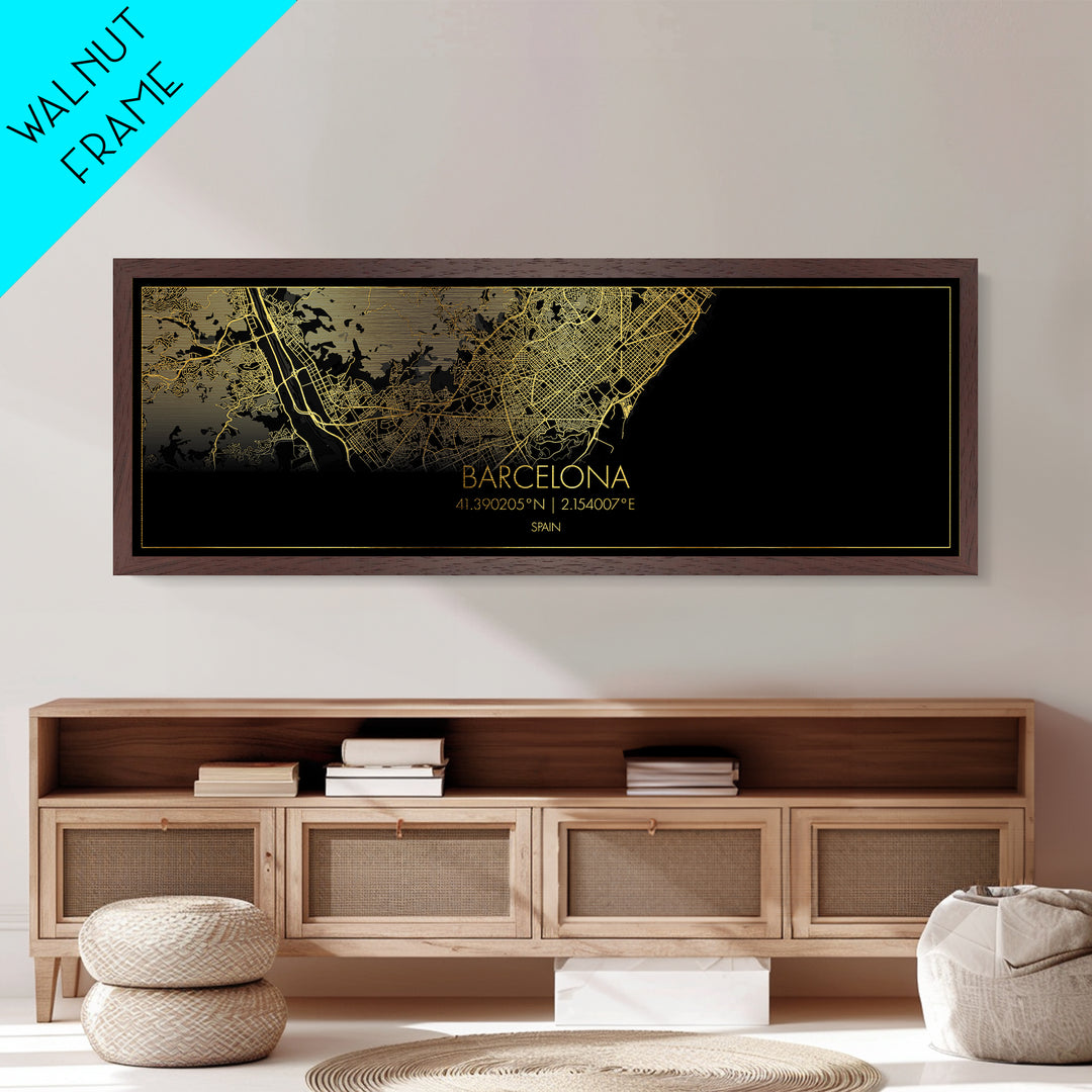 Barcelona Spain City street map, Panoramic art, black and gold, Metallic Gold Print, Metal Art, real wood frames, Modern Wall Art