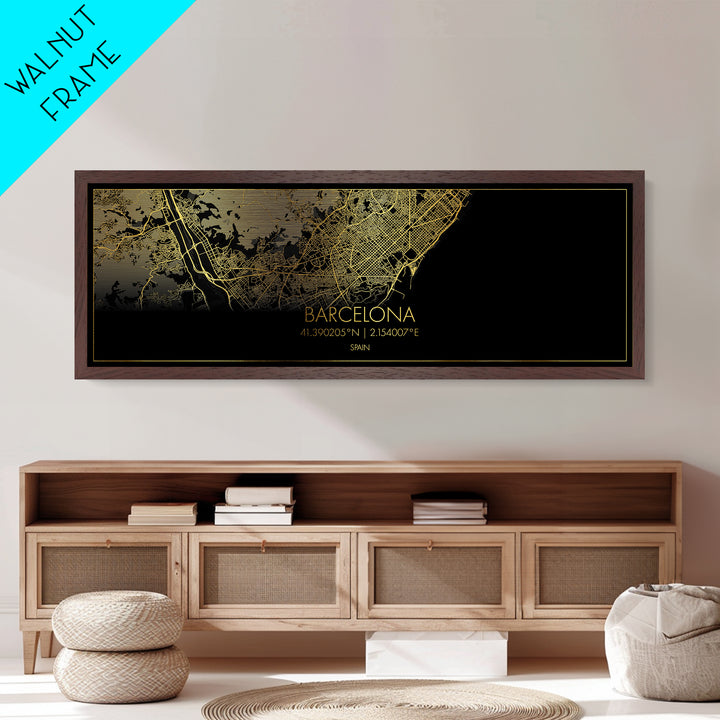 Barcelona Spain City street map, Panoramic art, black and gold, Metallic Gold Print, Metal Art, real wood frames, Modern Wall Art