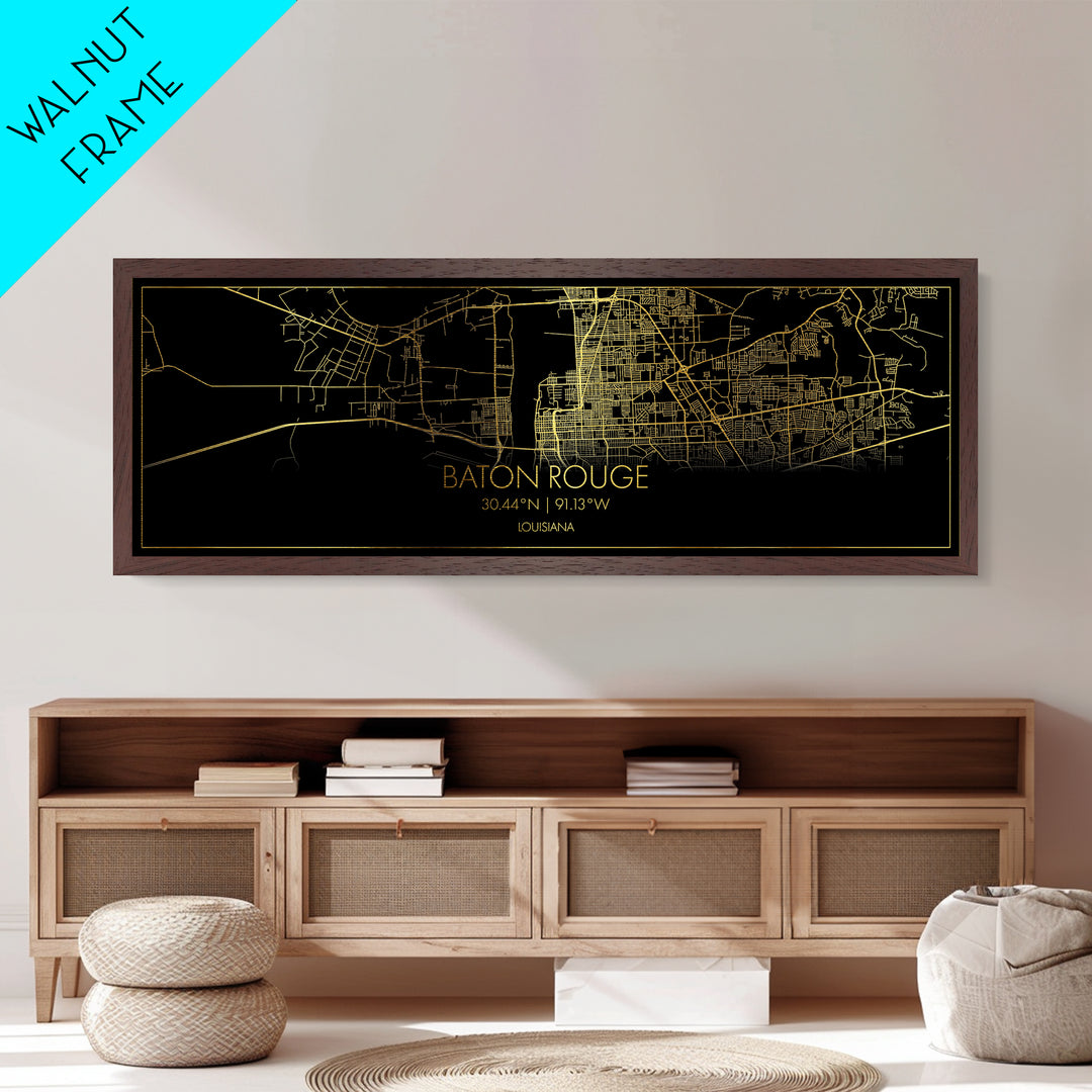 Baton Rouge Louisiana City Poster, Panoramic street map, black and gold, Metallic Gold Art, Metal Art, wood framed map, Minimalist Wall Art