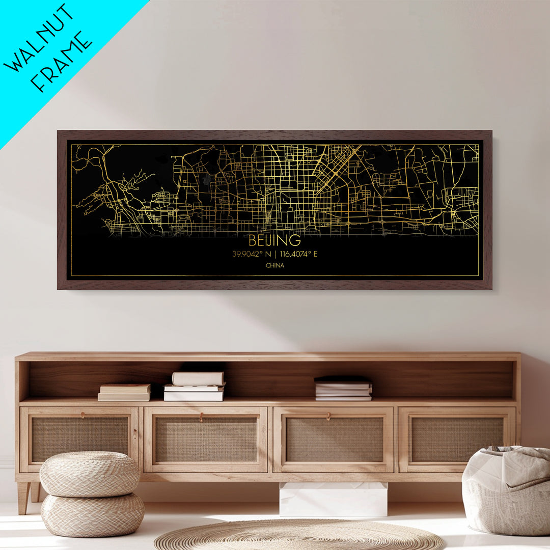 Beijing China map, Panoramic art, black and gold, Metallic Gold Print, Metal Art, real wood frames, College Dorm Décor, Best Friend Gifts