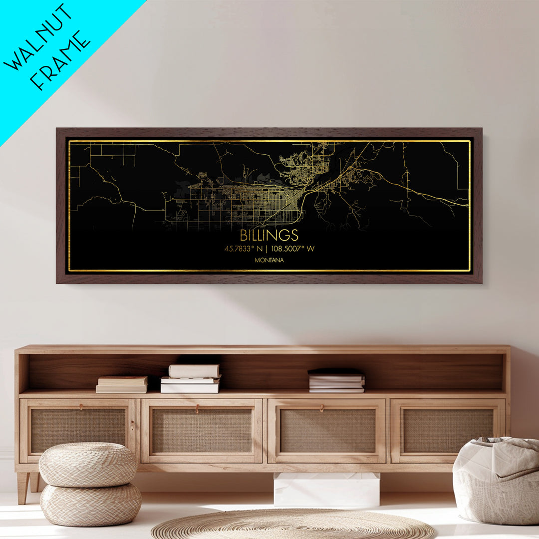 Billings Montana City street map, Panoramic art, black and gold, Metallic Gold Print, Metal Art, real wood frames, Map Print Poster