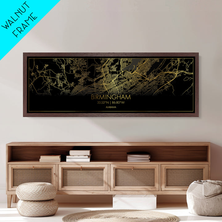 Birmingham Alabama City Poster, Panoramic street map, black and gold, Metallic Gold Art, Metal Art, wood framed map, Housewarming Gift
