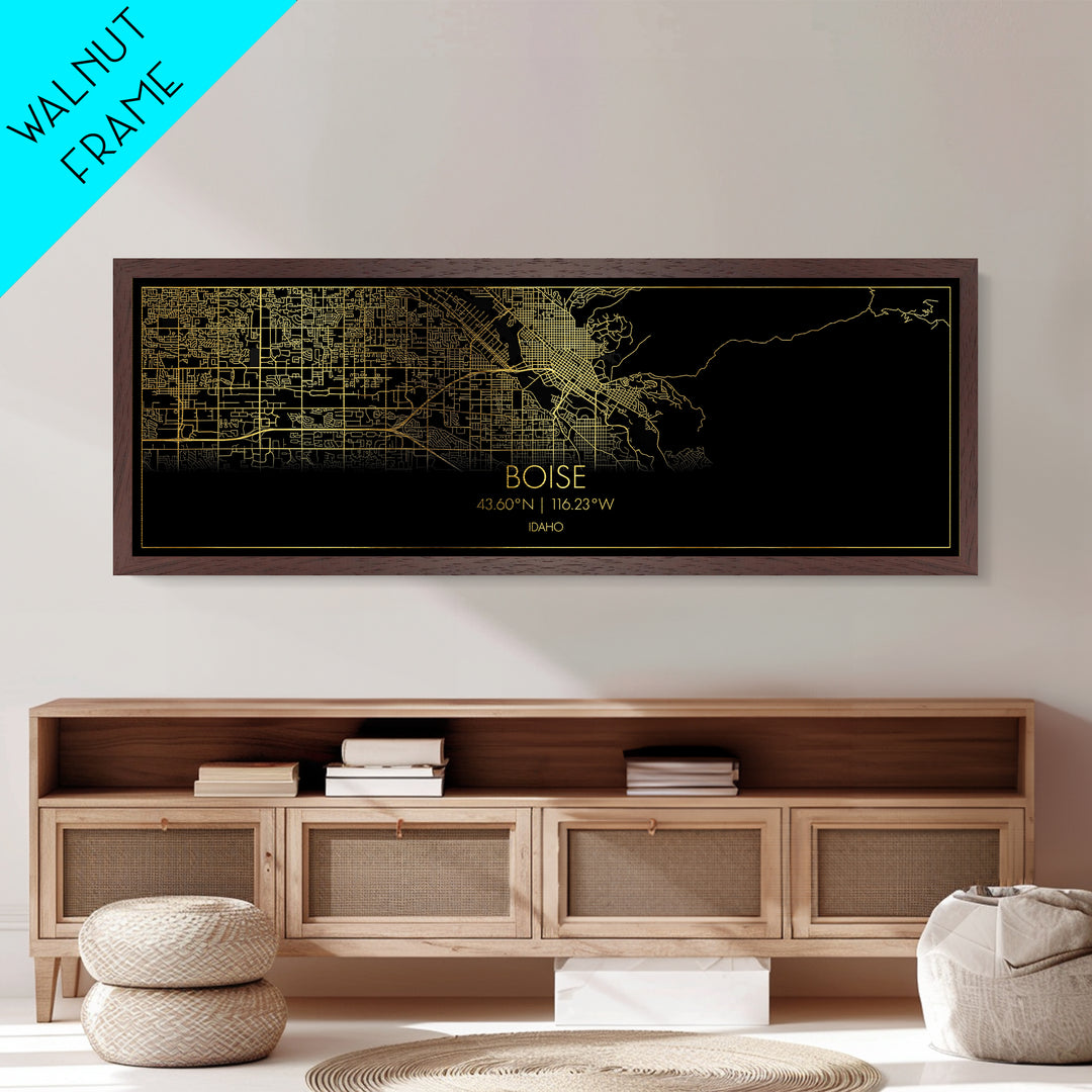 Boise Idaho Poster, Panoramic street map, black and gold, Metallic Gold Art, Metal Art, wood framed map, Minimalist Wall Art, Map Poster