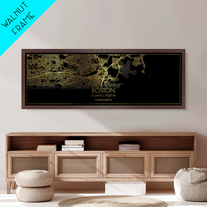 Boston Massachusetts map, Panoramic art, black and gold, Metallic Gold Print, Metal Art, real wood frames, Wall Art, Housewarming Gift
