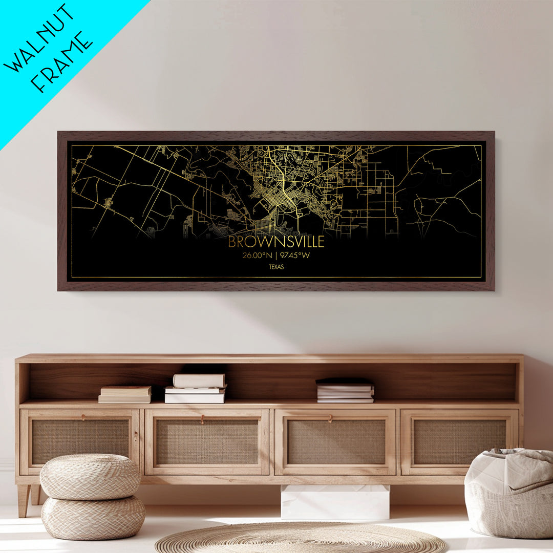Brownsville Texas Poster, Panoramic street map, black and gold, Metallic Gold Art, Metal Art, wood framed map, Best Friend Gifts