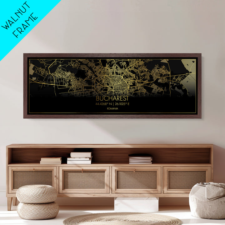 Bucharest Romania Poster, Panoramic street map, black and gold, Metallic Gold Art, Metal Art, wood framed map, Map Print Poster