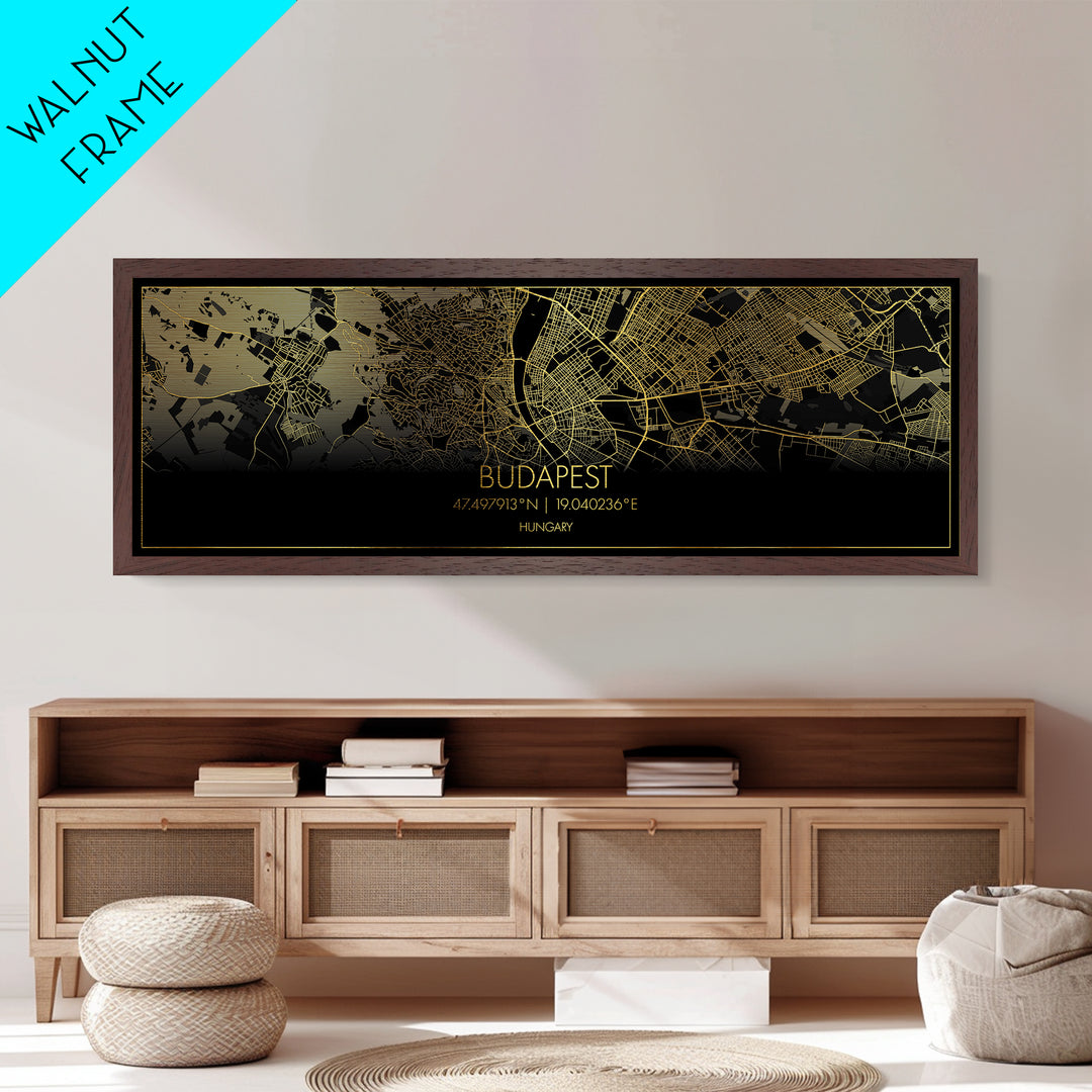 Budapest Hungary City street map, Panoramic art, black and gold, Metallic Gold Print, Metal Art, real wood frames, Minimalist Wall Art