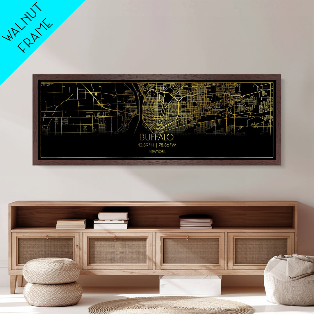 Buffalo New York City Poster, Panoramic street map, black and gold, Metallic Gold Art, Metal Art, wood framed map, Modern Wall Art, City Map