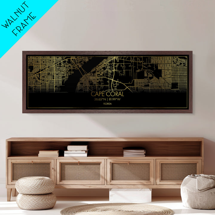 Cape Coral Florida City street map, Panoramic art, black and gold, Metallic Gold Print, Metal Art, real wood frames, Housewarming Gift