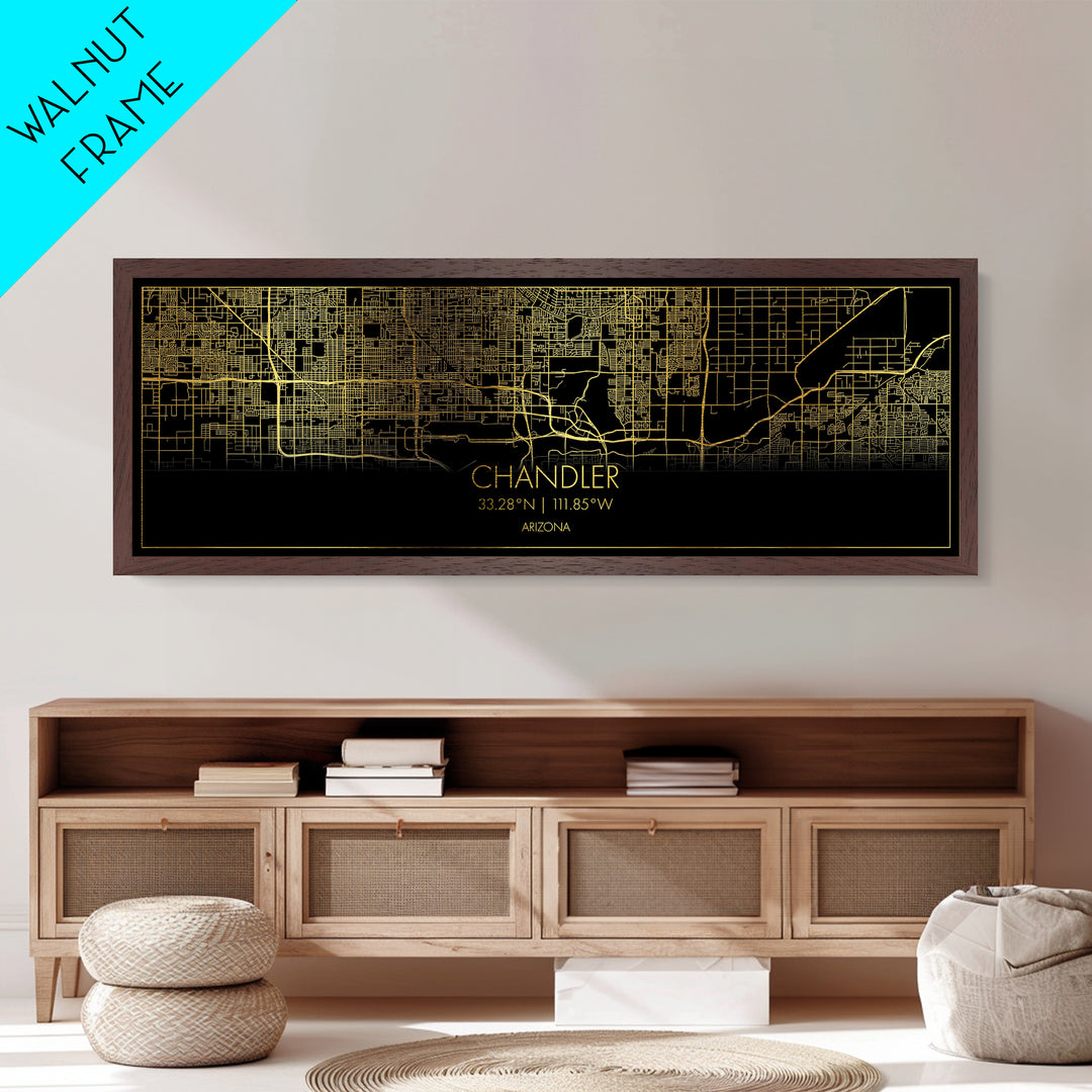 Chandler Arizona City Poster, Panoramic street map, black and gold, Metallic Gold Art, Metal Art, wood framed map, Best Friend Gifts