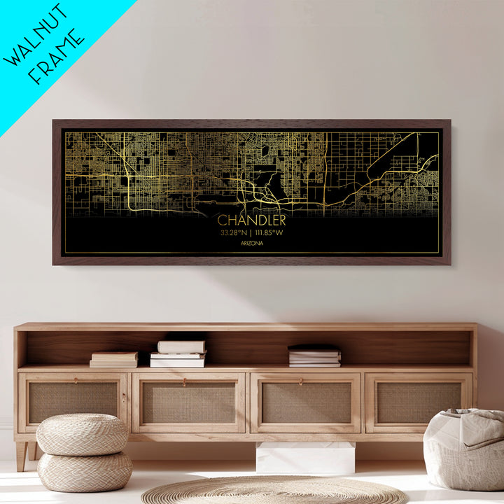 Chandler Arizona City Poster, Panoramic street map, black and gold, Metallic Gold Art, Metal Art, wood framed map, Best Friend Gifts