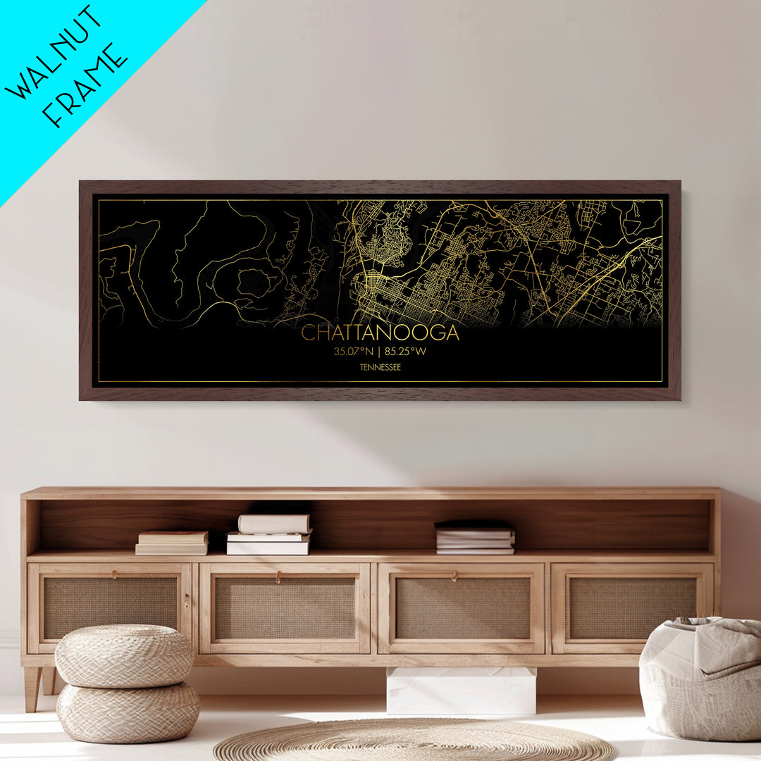 Chattanooga Tennessee City Poster, Panoramic street map, black and gold, Metallic Gold Art, Metal Art, wood framed map, Street Map Art