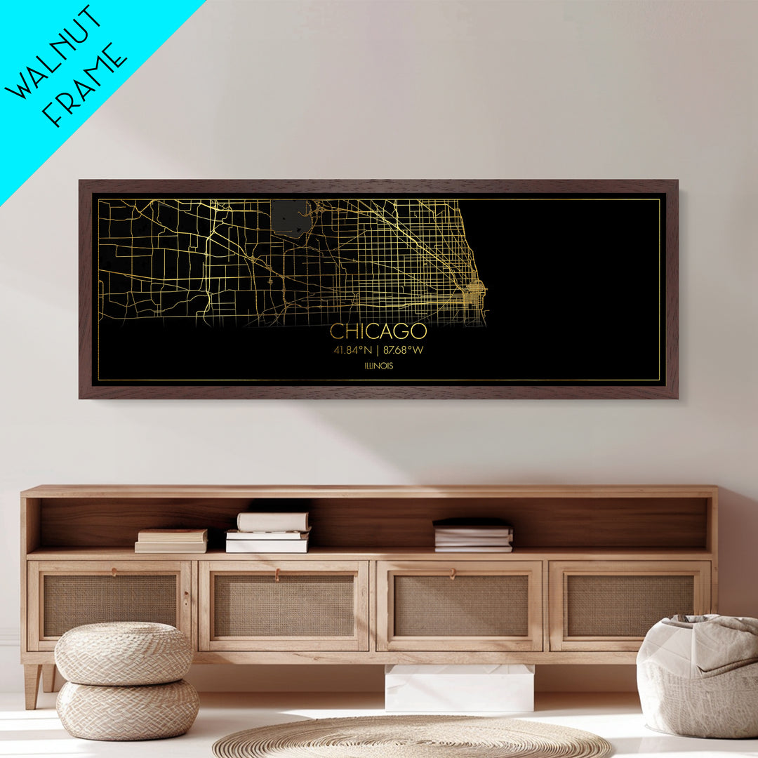 Chicago Illinois City Poster, Panoramic street map, black and gold, Metallic Gold Art, Metal Art, wood framed map, Modern Wall Art